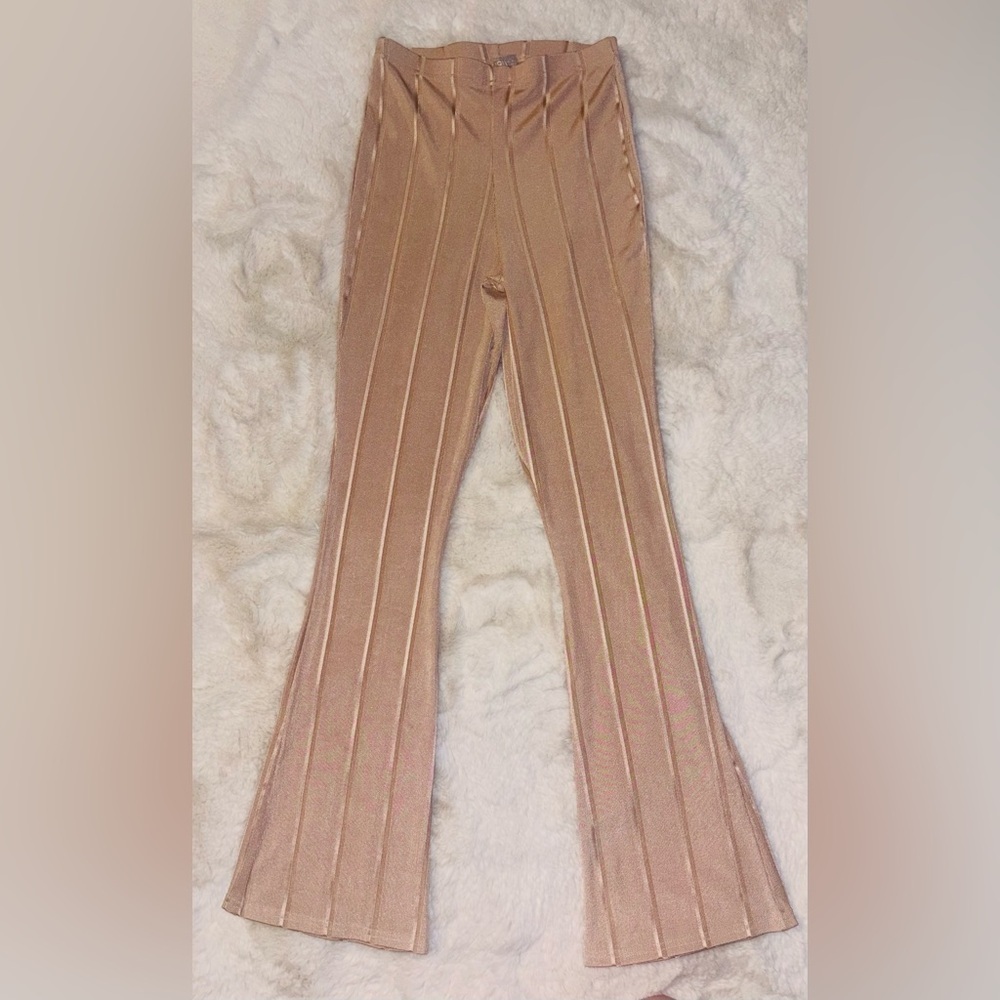ASOS Design Slinky Ribbed Flared Pants In Light Brown/Pink Size 4 - Picture 4 of 8